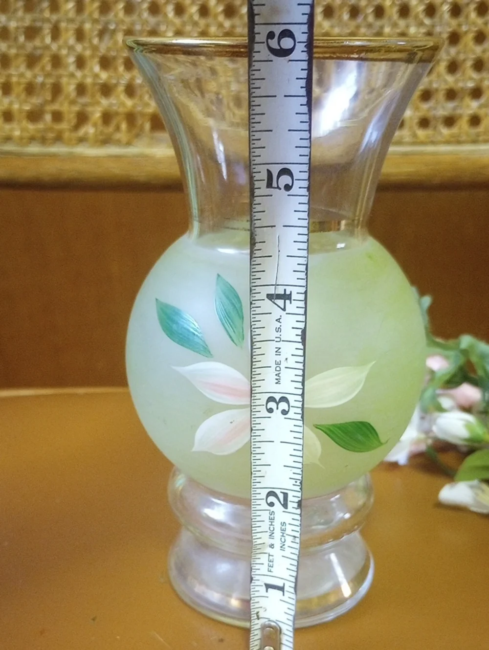 Vintage Glass Vase w/ Pink, Green & Red Painted Floral Design & Gold Trim